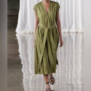 Zara Green v neck button button shirt maxi cotton belted dress Sz XS